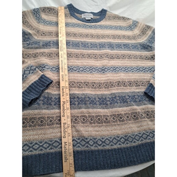 Eddie Bauer Lambs Wool Sweater Fair Aisle Blue Tan Geometric Nordic Crew Neck L - Picture 6 of 7